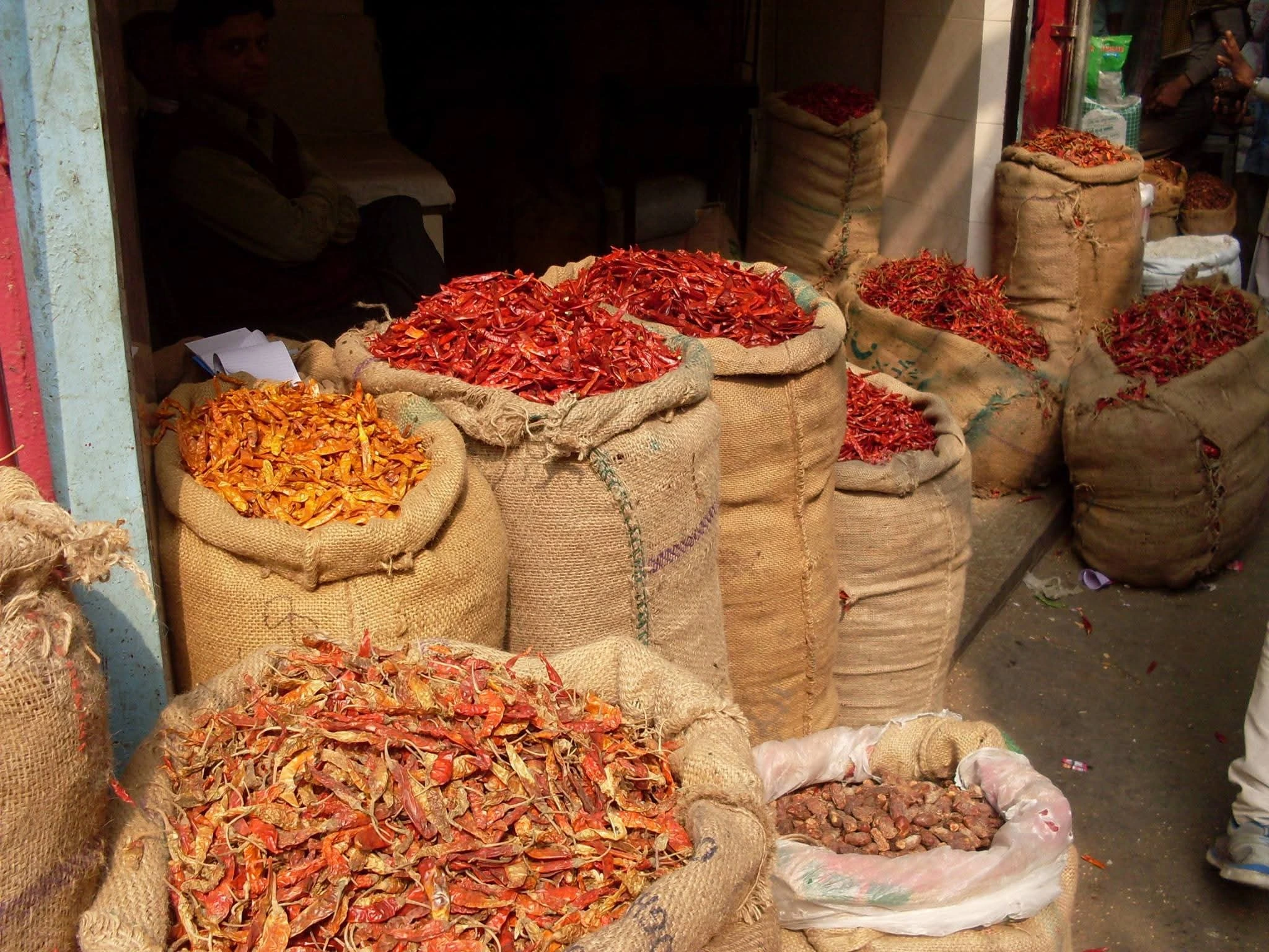 Sacks of Indian spices in a local market