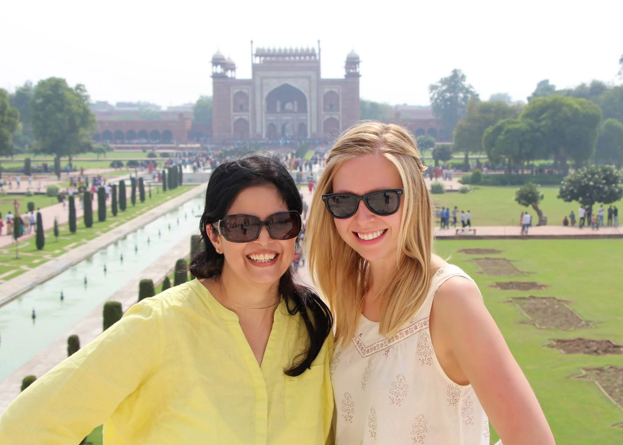 Neelima with a guest overlooking the Taj Mahal gardens in Agra