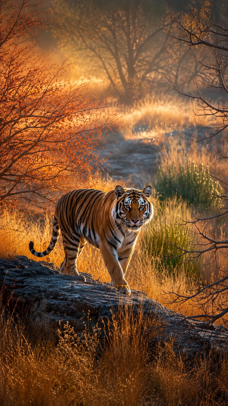Bengal tiger in an Indian forest at sunrise