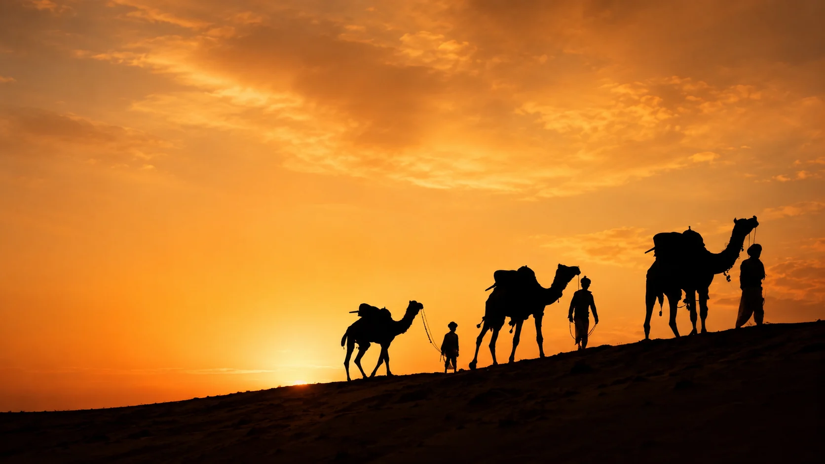 Camel caravan crossing Rajasthan’s Thar Desert at sunset